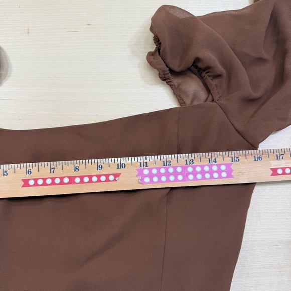 Wilfred Aritzia Emmylou Brown Cognac Square Neck Mini Dress Women’s 10 Chiffon - Picture 9 of 14